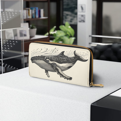 Whale Leather Wallet Women, Ocean Sea Coastal Cream Vegan Zipper Zip Around Coins Credit Cards Pocket Cash Ladies Pouch Slim Clutch Purse