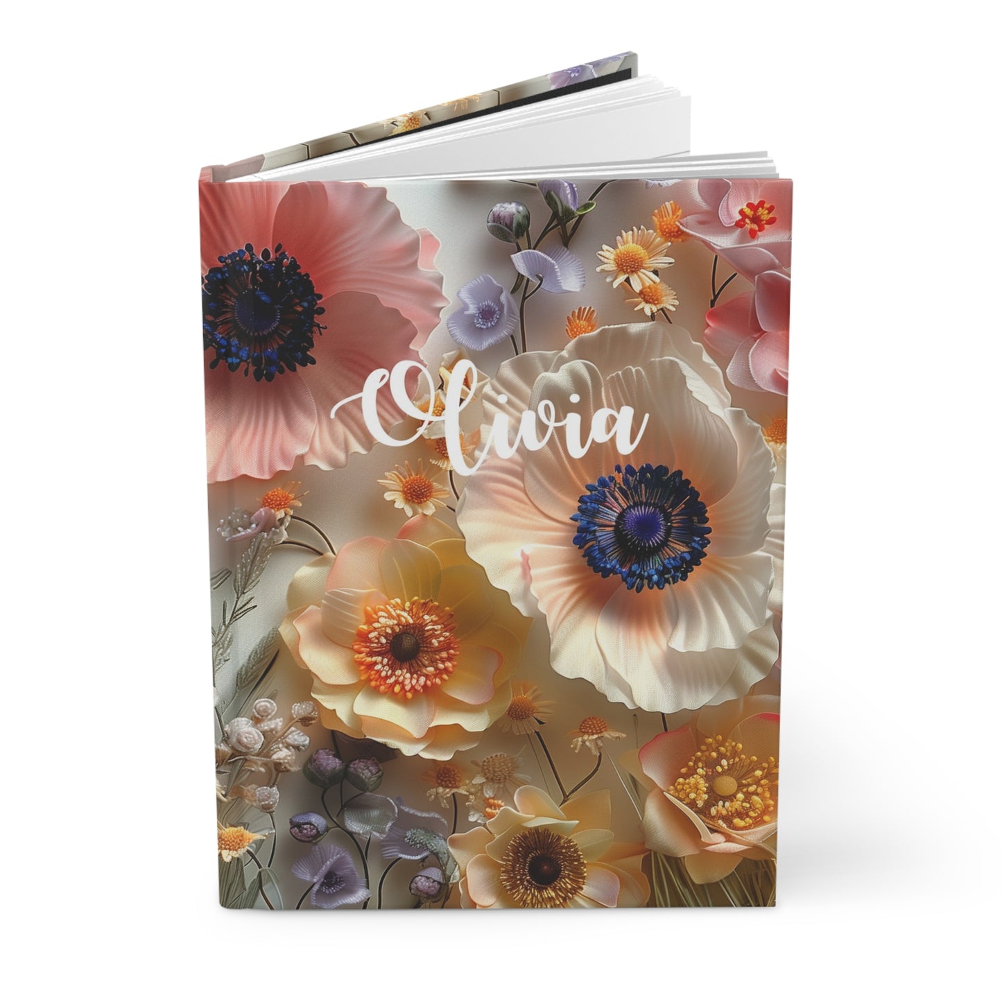 Wildflowers Hardcover Notebook, Custom Name Personalized Faux Pressed Floral Lined Blank Hardback Small Journal Notepad Ruled Pad Women Gift