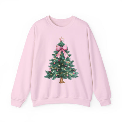 Christmas Tree Pink Bow Sweatshirt,  Coquette Cute Xmas Holiday Print Women Men Vintage Party Winter Holiday Outfit Plus Size Sweater