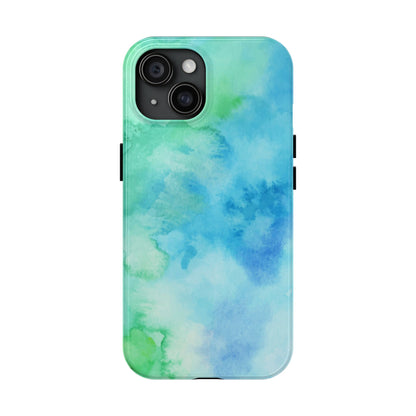 Blue Green Watercolor Tough Phone Case, Tie Dye Colorful Print Cute Cell Iphone 15 14 13 Pro Max 12 11 XS XR X 7 SE 8 Galaxy S24 S23 S22