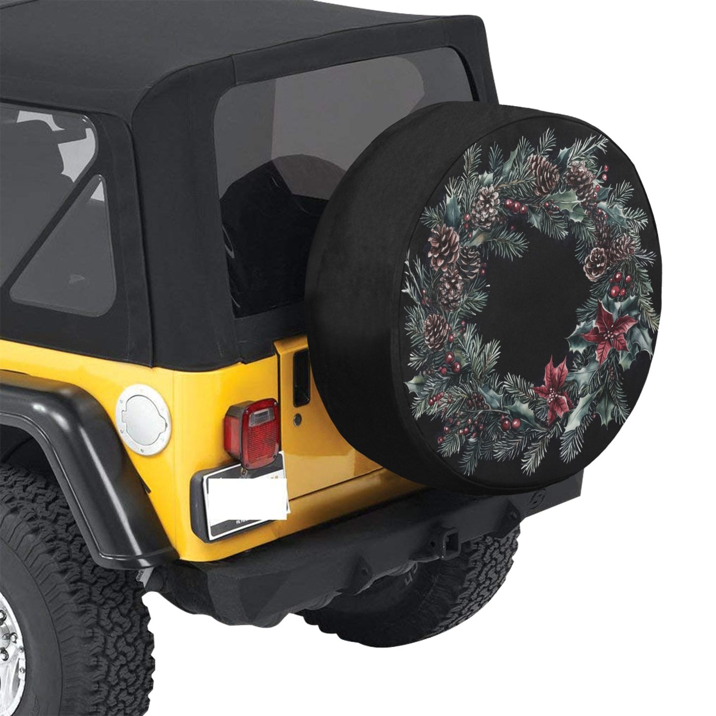 Christmas Wreath Spare Rear Tire Cover, Vintage Xmas Black Rear Extra Wheel Auto Back Up Camera Hole Unique Design Men Women Back RV Trailer