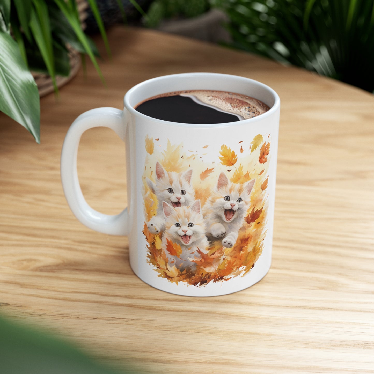 Cats Playing Fall Coffee Mug, Autumn Leaves Kittens Funny Thanksgiving Cute Art Ceramic Cup Tea Hot Chocolate Unique Cool Novelty