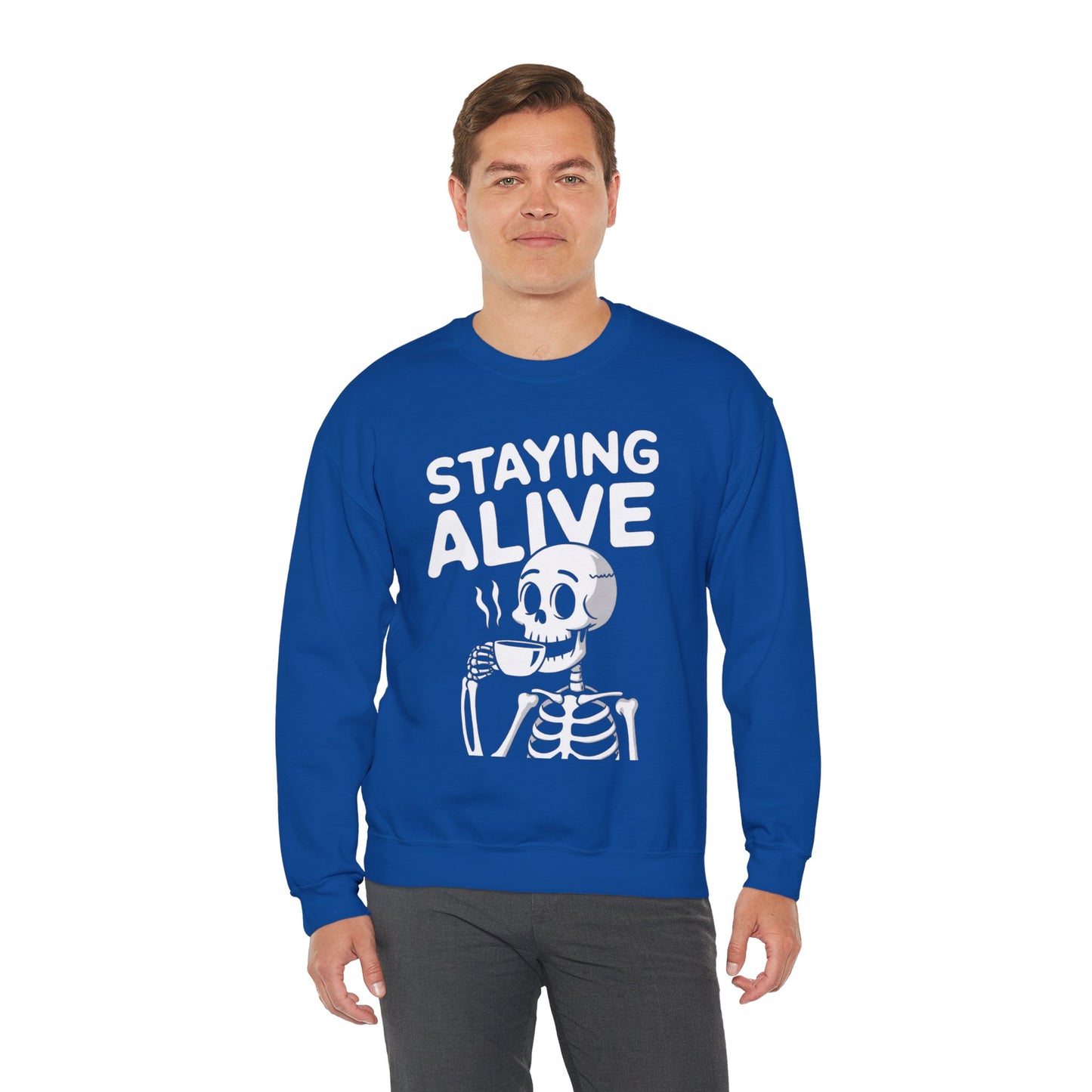 Staying Alive Coffee Sweatshirt, Skeleton Halloween Funny Graphic Crewneck Fleece Cotton Sweater Jumper Pullover Men Women Adult Top