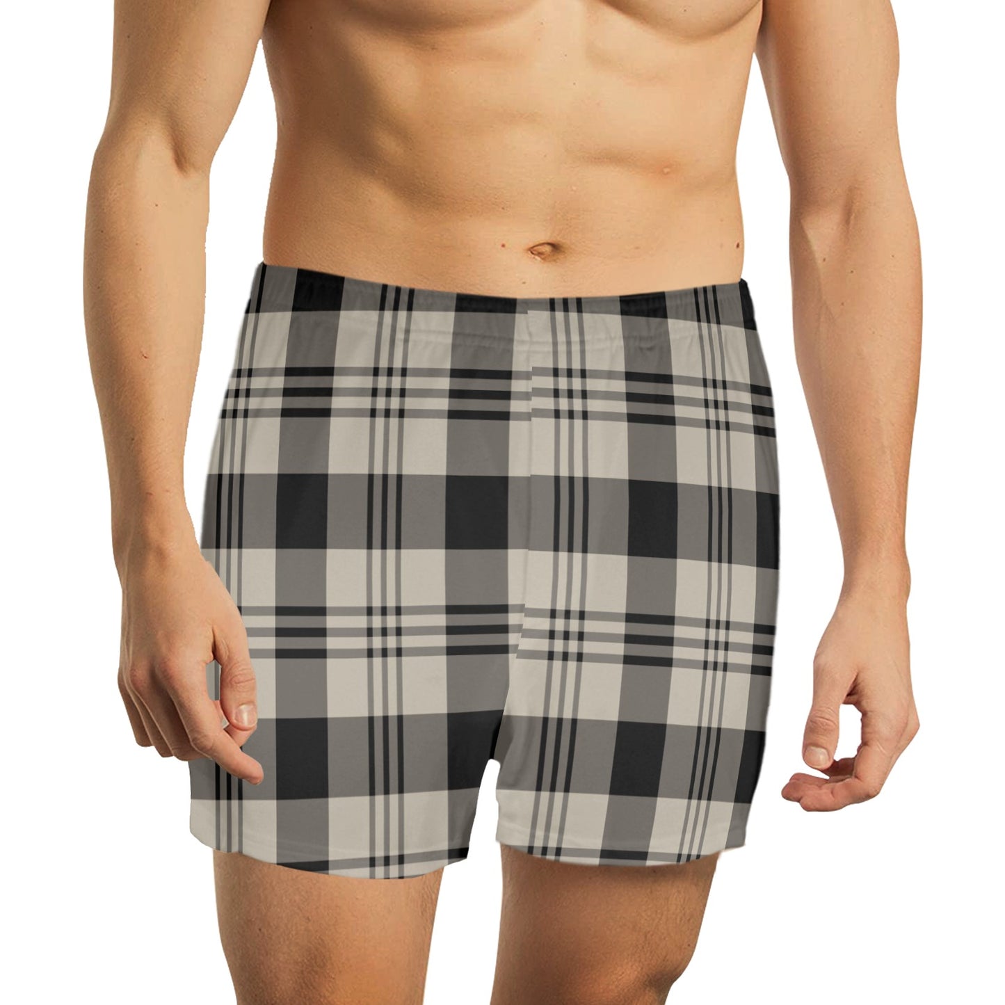 Grey Black Plaid Men Pajama Shorts, Short Sleep Lounge PJ Bottoms Sleepwear Boxer Shorts Male Guys Pyjamas Soft