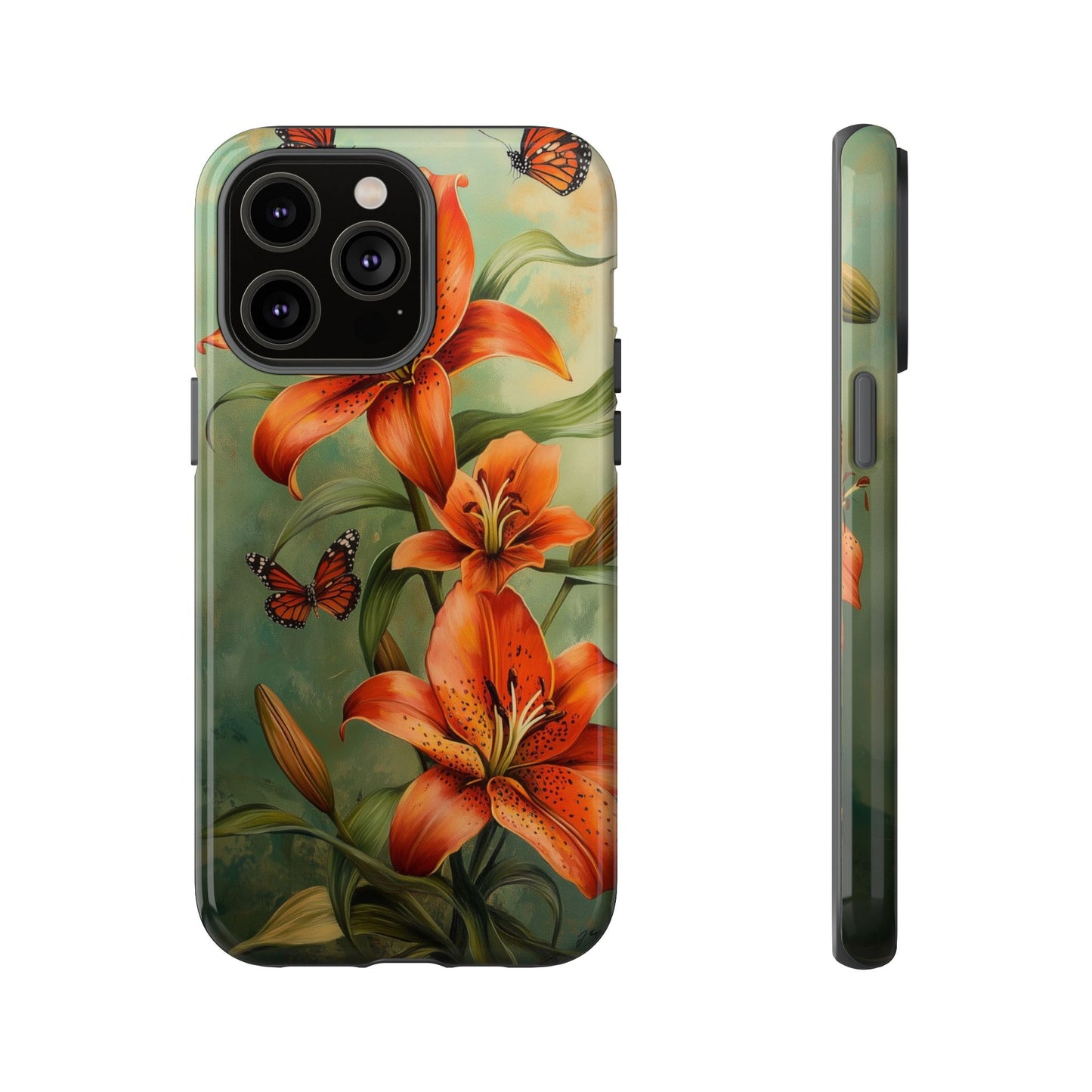 Tiger Lily Tough Phone Case, Flowers Floral Butterfly iPhone 16 15 14 13 Pro Max 12 11 8 Plus X XR XS Galaxy S24 S23 S22 S21 Google Pixel