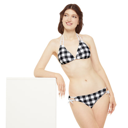 Black and White Gingham Bikini Set, Check High Waisted Cute Cheeky Bottom String Triangle Top Sexy Swimsuits Women Swimwear