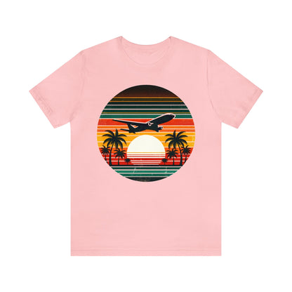 Airplane Tshirt, Vacation Flying 70s Vintage Sunset Travel Trip Airport Designer Graphic Crewneck Men Women Tee Short Sleeve Shirt