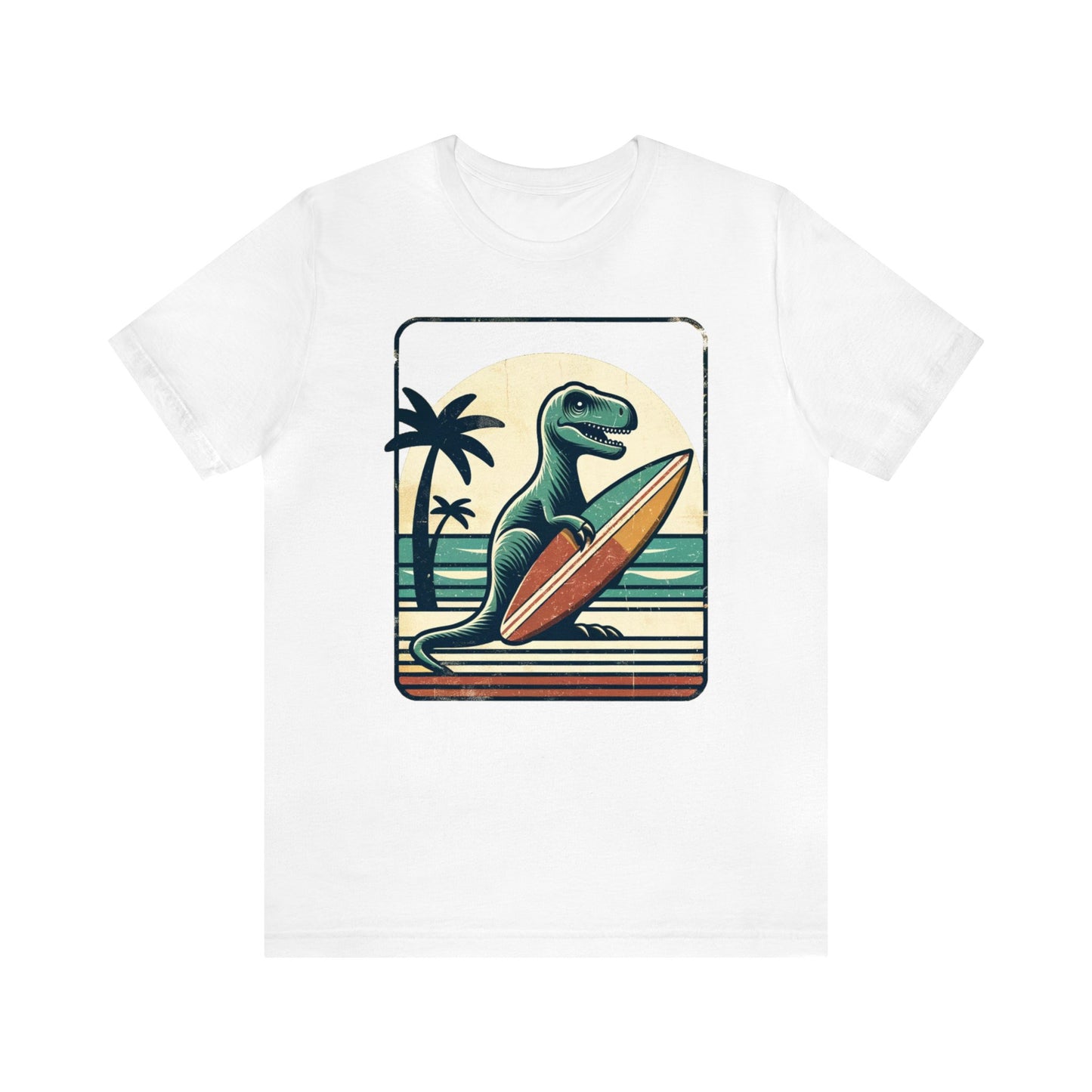 Dinosaur Surfboard Tshirt, Surfing Dino Adult Vintage Distressed Art Designer Graphic Cool 80s Crewneck Men Women Tee Short Sleeve Shirt