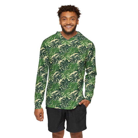 Monstera Leaf Lightweight Sun Hoodie, Green Summer UPF 50 UV Protective Pullover Men Moisture Wicking Sports Golf Breathable Hooded Pockets