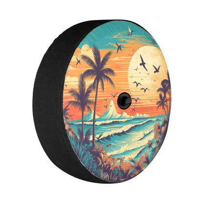 Beach Spare Tire Cover, Sunset Backup Camera Hole Rear Wheel Accessories Sun Tropical Palm Trees Custom Unique Design Trailer Camper RV Back