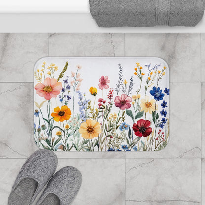 Wildflowers Bath Mat, Floral Flowers Botanical Garden Shower Bathroom Decor Non Slip Floor Memory Foam Microfiber Large Small Washable Rug