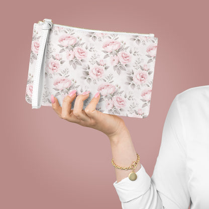 Pink Roses Clutch Wristlet Purse,  White Vegan Leather with Pocket Zipper Evening Modern Bag Strap Phone Wallet for Women