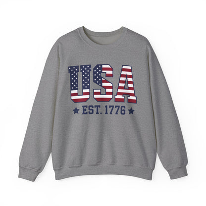 USA Est 1776 Sweatshirt, American Flag Stars Stripes Patriotic Retro Vintage Graphic Crewneck Cotton Sweater Jumper Pullover Men Women Top