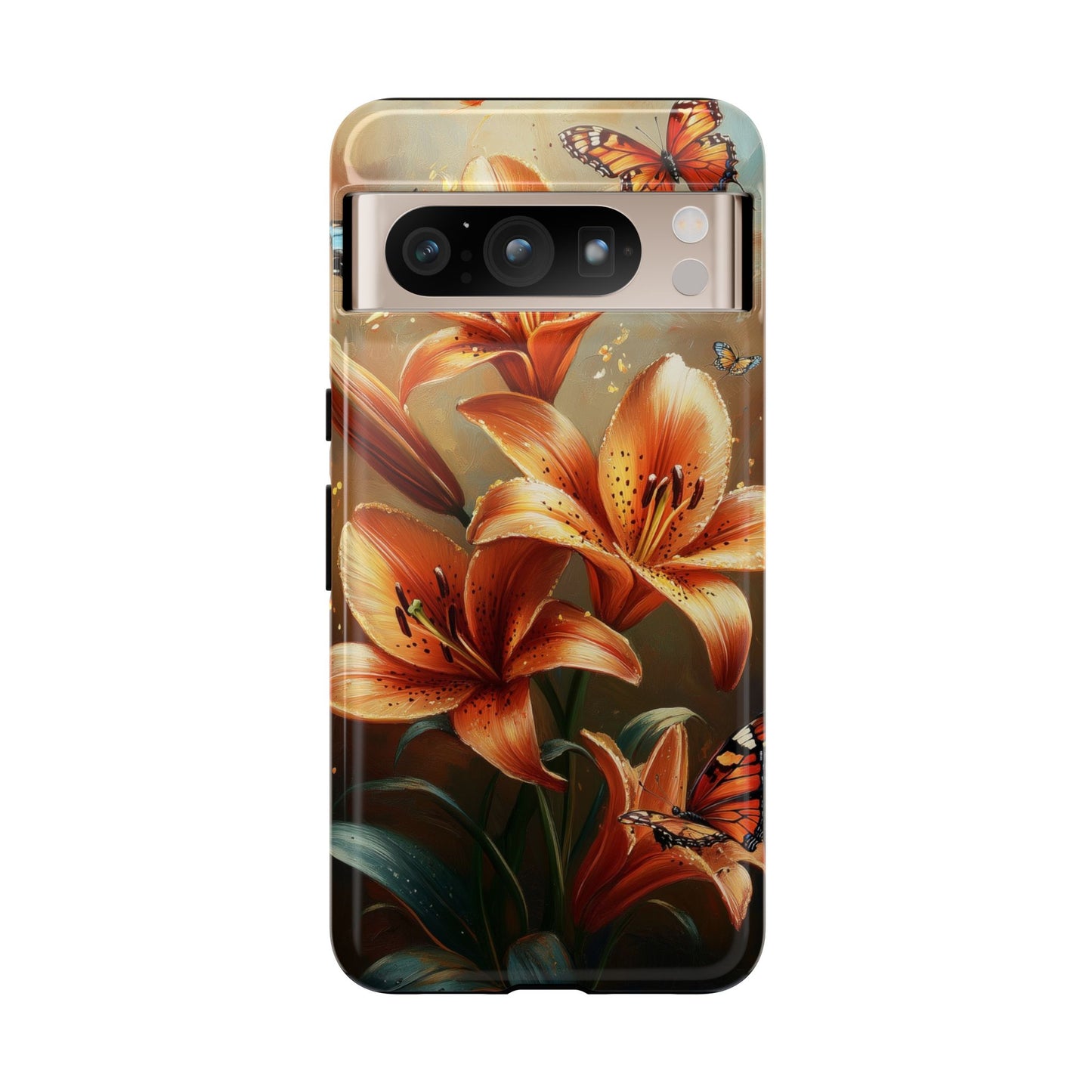 Cute Tiger Lily Tough Phone Case, Flowers Floral Butterfly iPhone 16 15 14 13 Pro Max 12 11 8 Plus X XR XS Galaxy S24 S23 S22 S21 Pixel