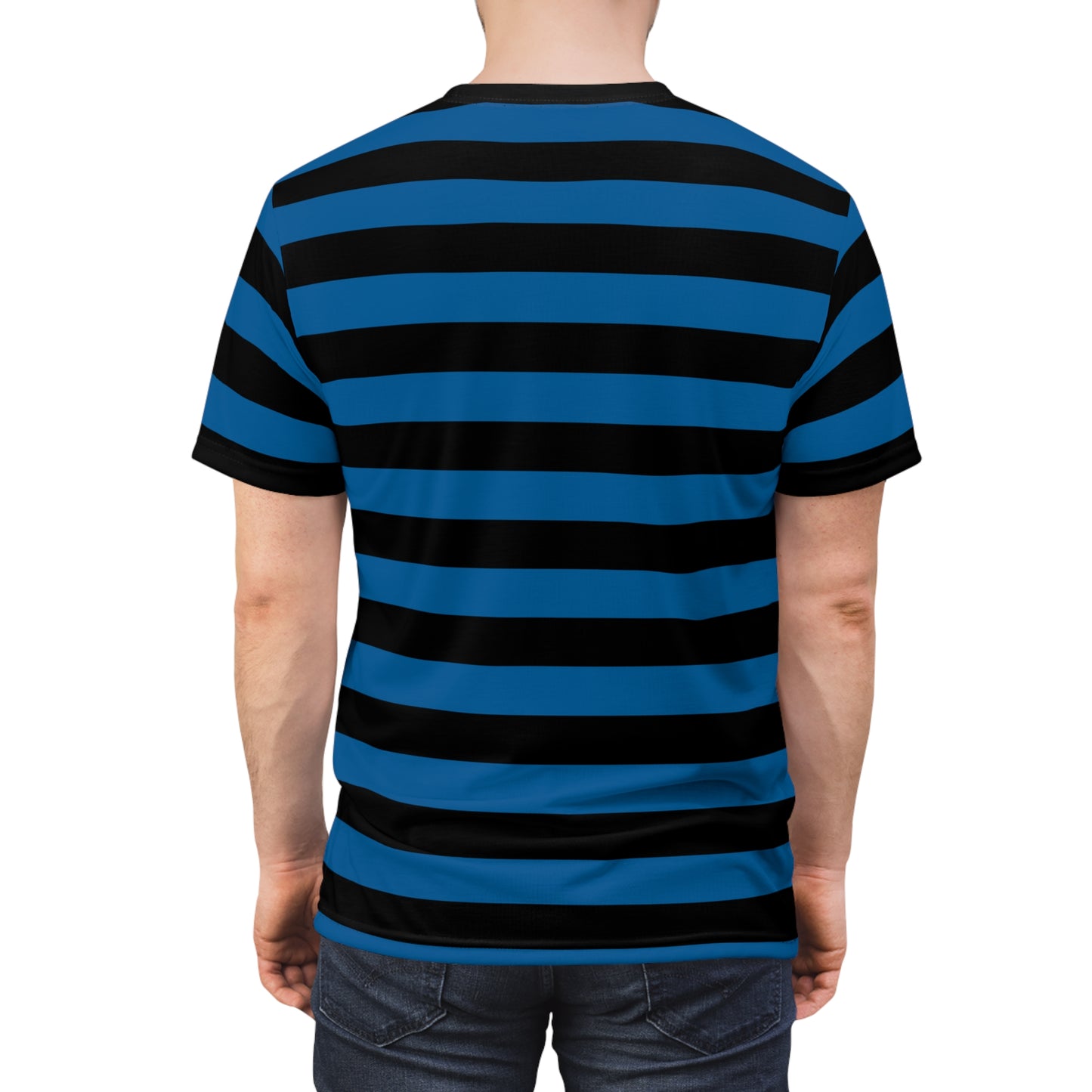 Black and Blue Striped Men T Shirt, Vintage Wide Horizontal Stripes 90s Adult Unisex Male Designer Lightweight Heavyweight Crewneck Guys Tee