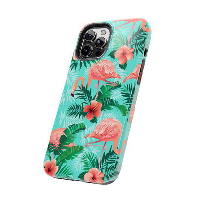 Pink Flamingo iPhone 15 14 13 12 11 Pro Max Tough Case, Green Tropical Monstera Print Cute Gift XS XR X 7 Plus 8 Cell Phone Galaxy