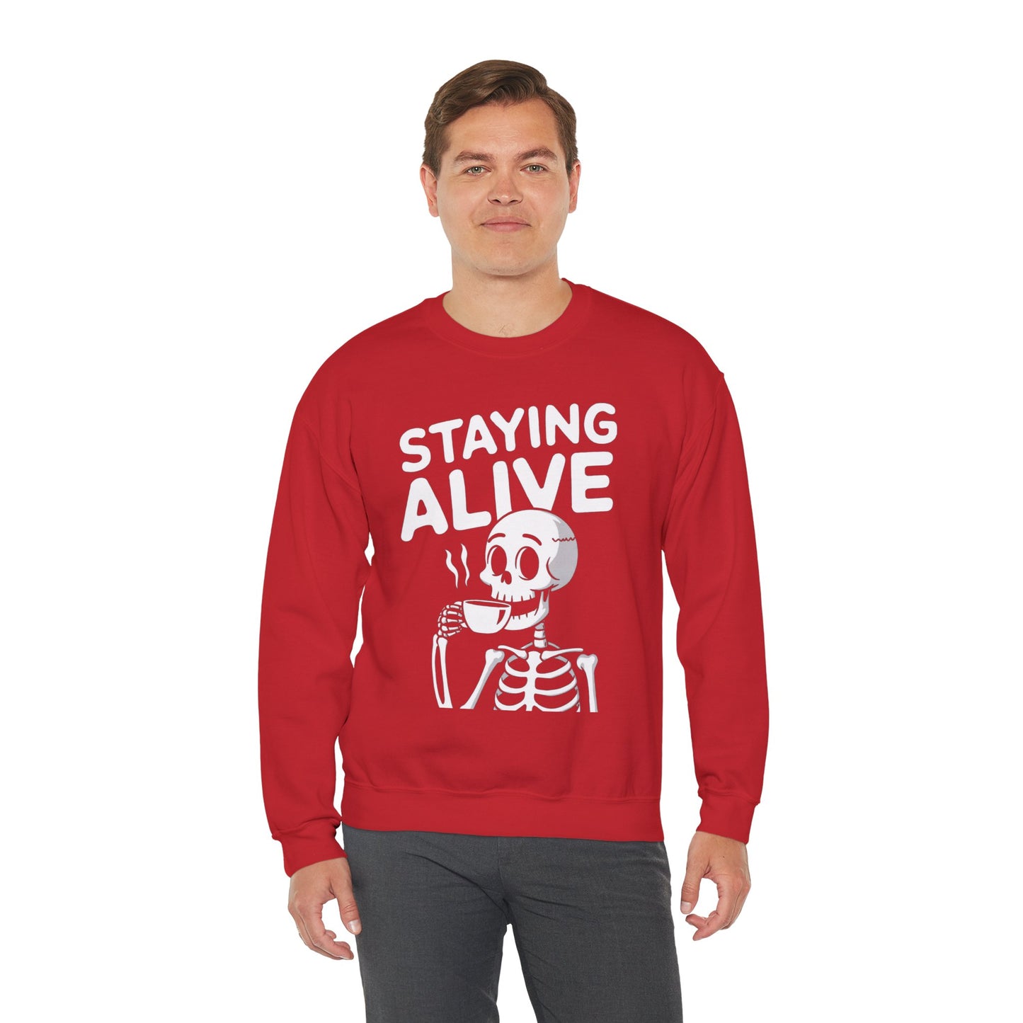 Staying Alive Coffee Sweatshirt, Skeleton Halloween Funny Graphic Crewneck Fleece Cotton Sweater Jumper Pullover Men Women Adult Top