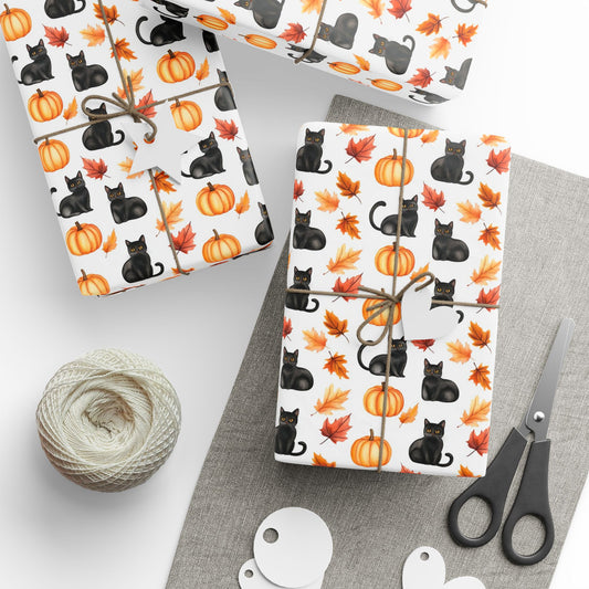 Black Cat Pumpkins Fall Leaves Wrapping Paper,  Orange White Autumn Thanksgiving Print Art Packing Gift Wrap Decor Vintage Present Wrapper Roll