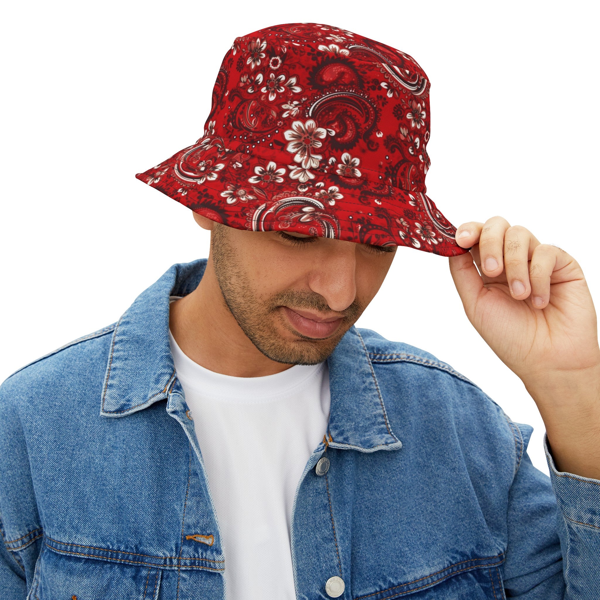 Red Paisley Bucket Cap Hat Bandana Beach Cool Women Men Golf Retro Vintage Summer Festival Cute Designer Sun Shade Ladies Guys Small Black