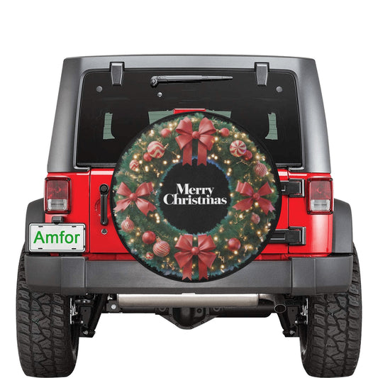 Merry Christmas Wreath Spare Rear Tire Cover, Xmas Holiday Black Wheel Auto Back Up Camera Hole Unique Design Men Women Back RV Trailer