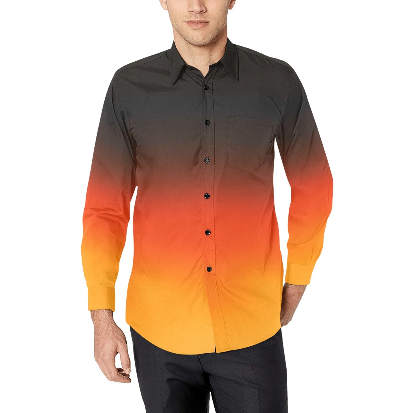 Black Orange Ombre Long Sleeve Men Button Up Shirt, Gradient Tie Dye Two Tone Print Buttoned Collar Casual Dress Chest Pocket Plus Size