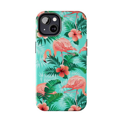 Pink Flamingo iPhone 15 14 13 12 11 Pro Max Tough Case, Green Tropical Monstera Print Cute Gift XS XR X 7 Plus 8 Cell Phone Galaxy