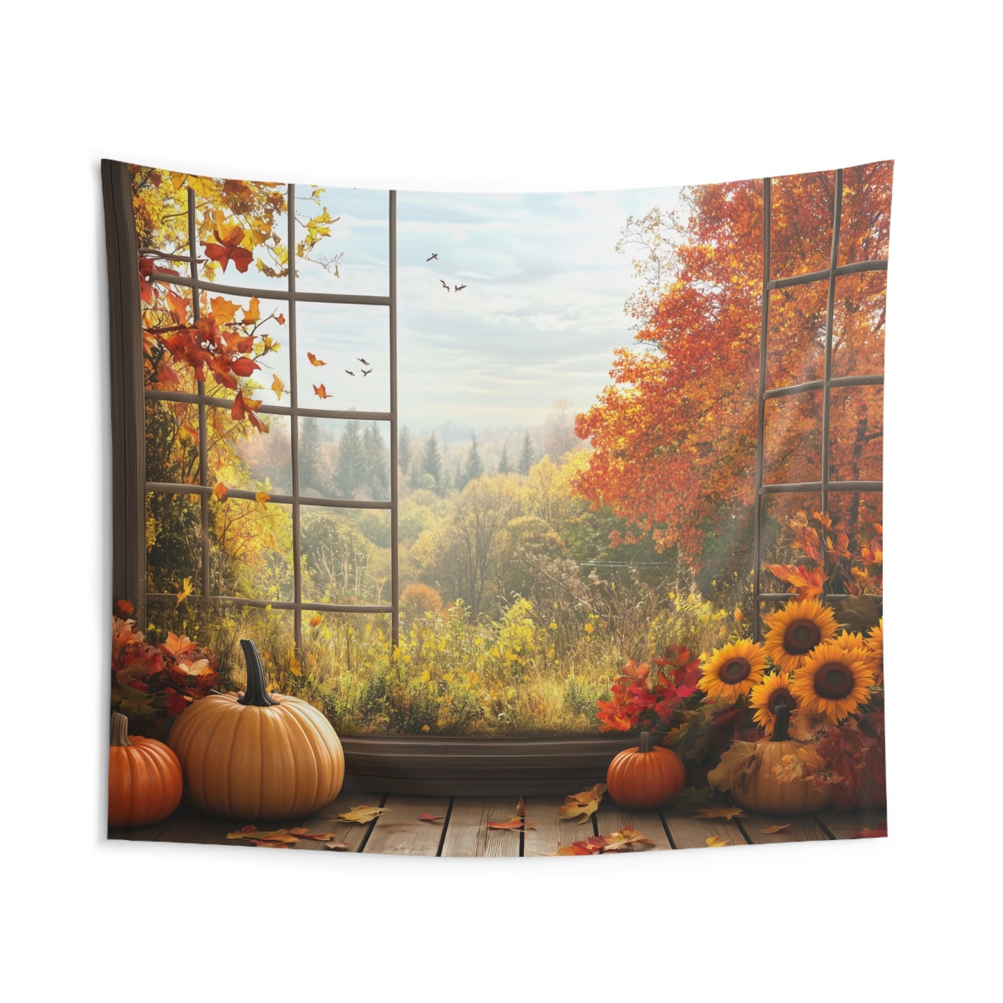 Fall Window Tapestry, Trees Leaf Pumpkin Sunflowers Autumn Wall Art Hanging Cool Unique Landscape Large Small Decor Bedroom College Dorm