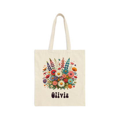 Custom Name Floral Tote bag, Wild Flowers Cotton Canvas Personalized Gift Bridesmaids Shopper Women Eco Friendly Cute Shopping