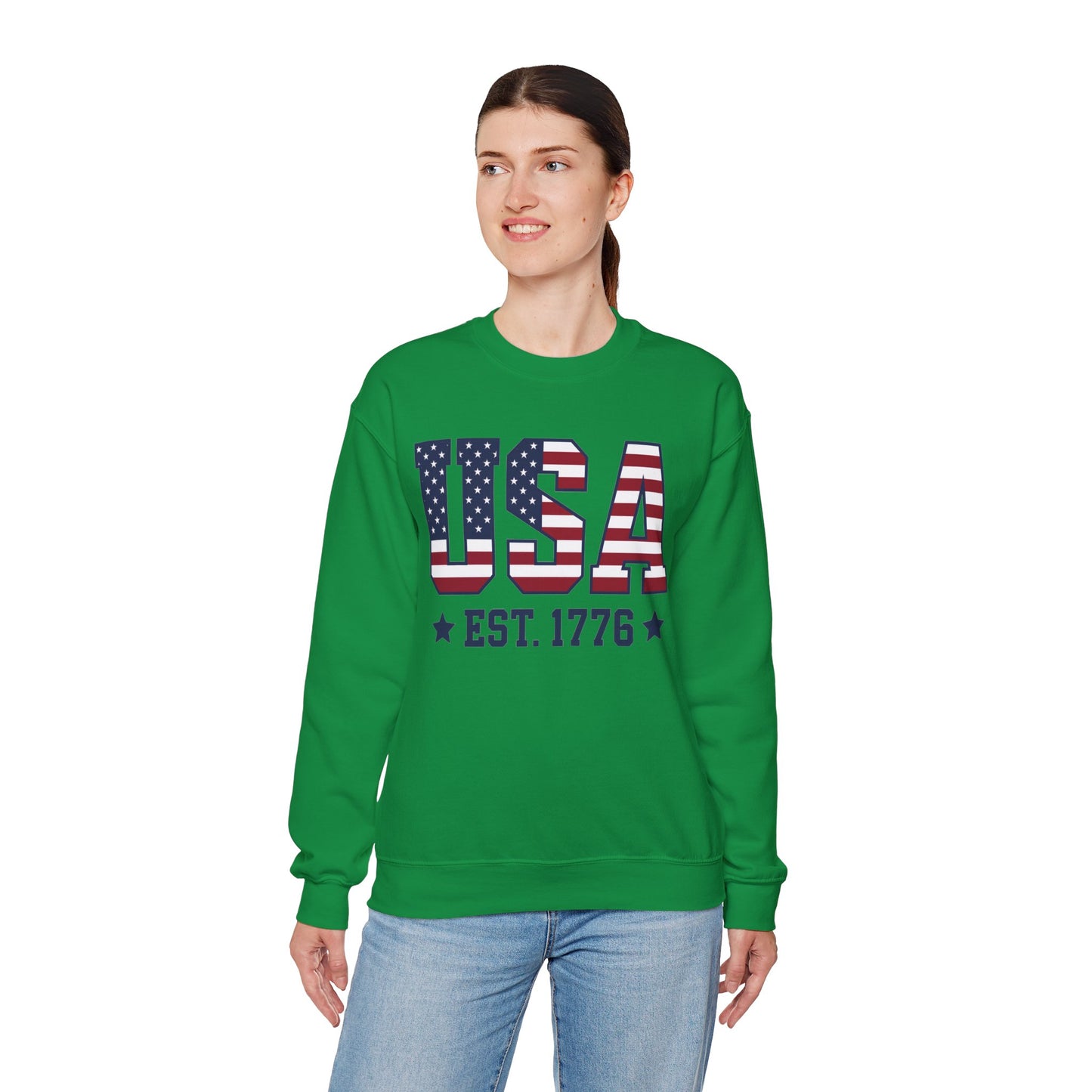 USA Est 1776 Sweatshirt, American Flag Stars Stripes Patriotic Retro Vintage Graphic Crewneck Cotton Sweater Jumper Pullover Men Women Top