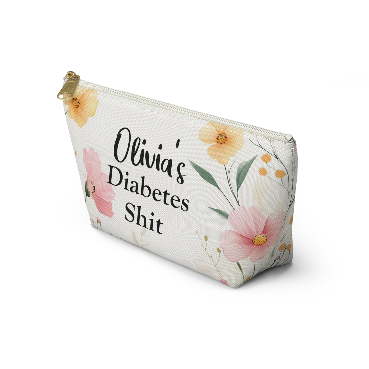 Personalized Gift Diabetic, Diabetes Shit Bag Custom Name Wildflowers Floral Funny Awareness Supply Travel Zipper Pouch Kit Carrying Case