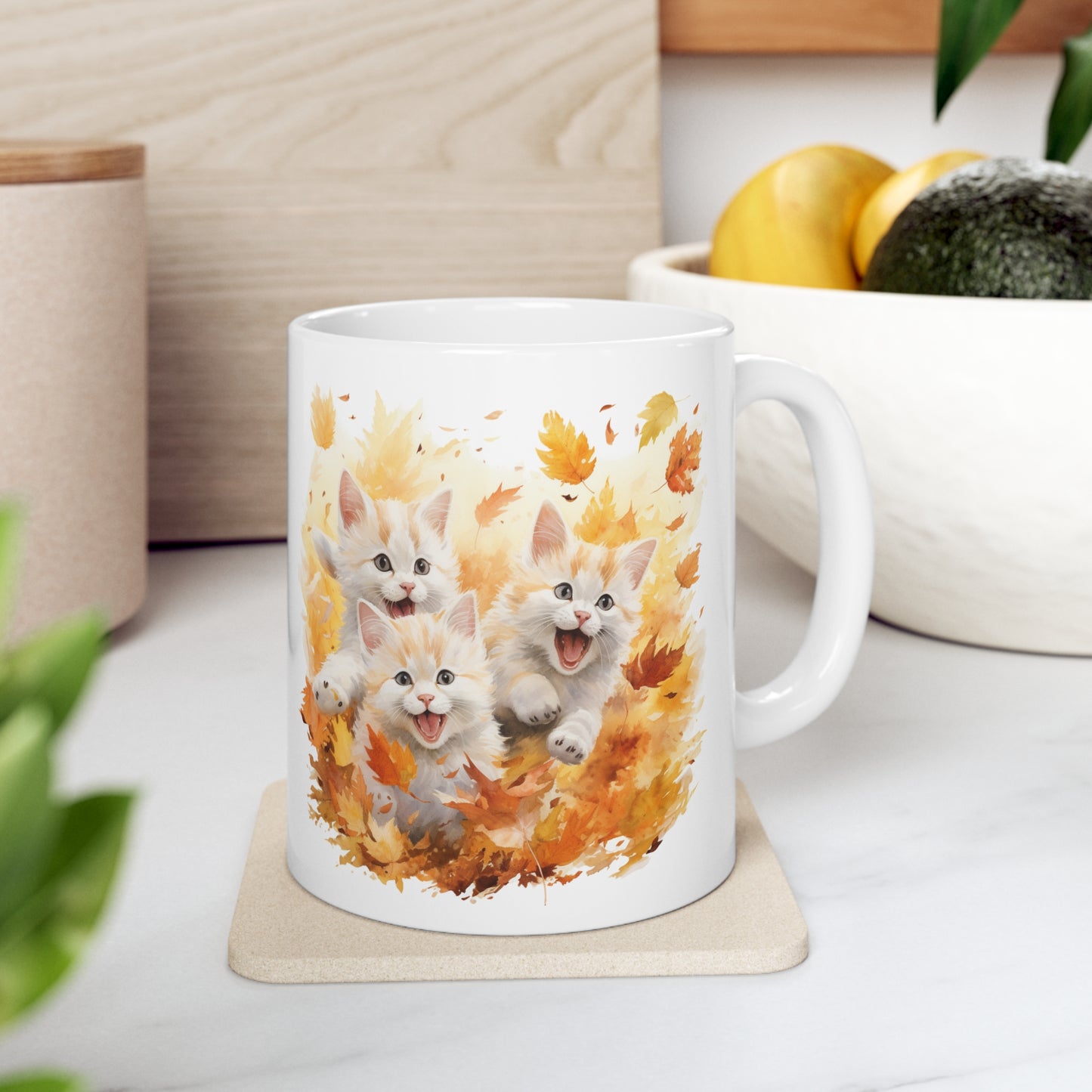 Cats Playing Fall Coffee Mug, Autumn Leaves Kittens Funny Thanksgiving Cute Art Ceramic Cup Tea Hot Chocolate Unique Cool Novelty