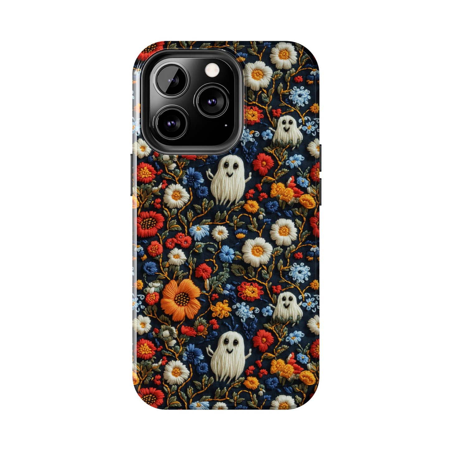 Cute Ghosts Tough Phone Case, Faux Embroidery Floral Halloween iPhone 15 14 13 Pro Max 12 11 8 Plus X XR XS Samsung Galaxy S24 S23 S22 S21