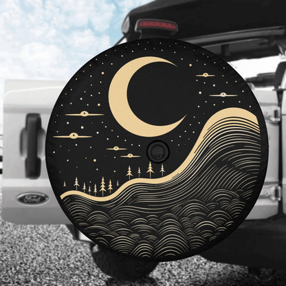 Moon Spare Tire Cover, Crescent Trees Wheel Mountains Line Drawing Unique Car Accessory Back Up Camera Hole Men Women Girls Camper Rear RV