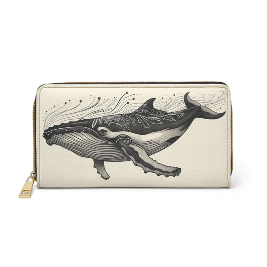 Whale Leather Wallet Women, Ocean Sea Coastal Cream Vegan Zipper Zip Around Coins Credit Cards Pocket Cash Ladies Pouch Slim Clutch Purse