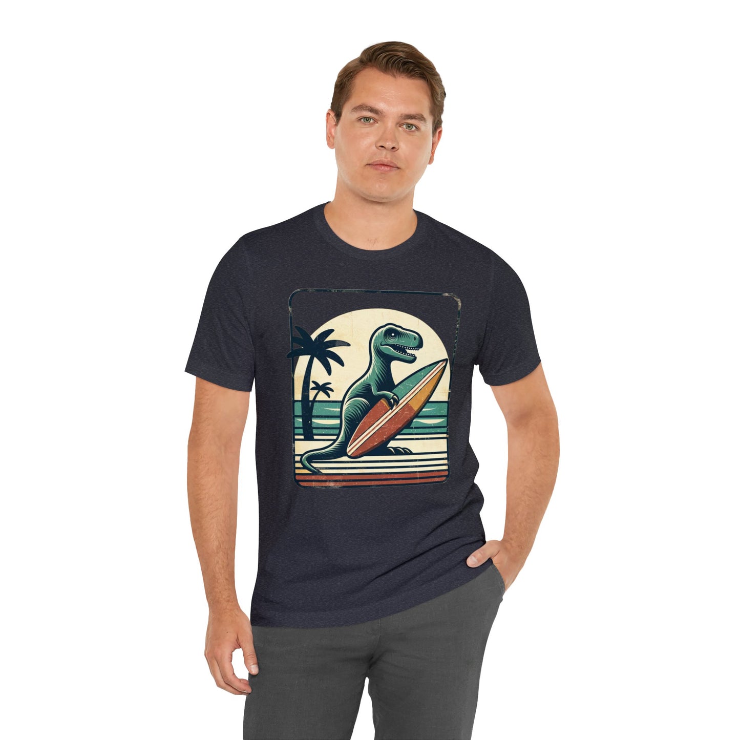 Dinosaur Surfboard Tshirt, Surfing Dino Adult Vintage Distressed Art Designer Graphic Cool 80s Crewneck Men Women Tee Short Sleeve Shirt