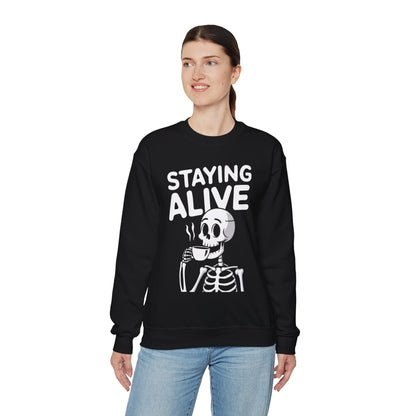 Staying Alive Coffee Sweatshirt, Skeleton Halloween Funny Graphic Crewneck Fleece Cotton Sweater Jumper Pullover Men Women Adult Top