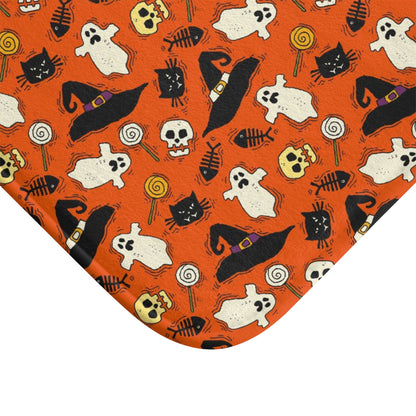 Halloween Bath Mat, Orange Black Cat Ghosts Skulls Shower Bathroom Decor Non Slip Floor Memory Foam Microfiber Large Small Washable Rug