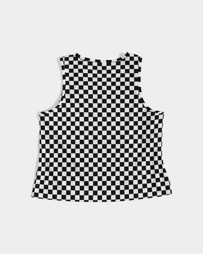 Black White Checkered Women Crop Tank Top, Racing Checks Y2k 90s Festival Cropped Yoga Workout Sexy Summer Sleeveless Designer Female Shirt