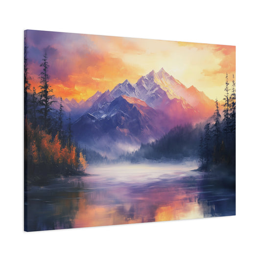 Sunset Mountain Canvas Gallery Wrap, Lake Trees Wall Art Print Artwork Decor Small Large Hanging Modern Vintage Landscape Poster