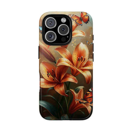 Cute Tiger Lily Tough Phone Case, Flowers Floral Butterfly iPhone 16 15 14 13 Pro Max 12 11 8 Plus X XR XS Galaxy S24 S23 S22 S21 Pixel