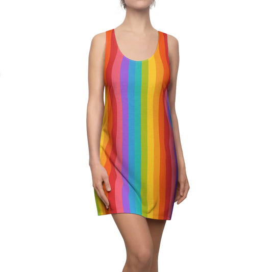 Rainbow Mini Dress Women, Vintage Retro 70s Pride Striped Vertical Stripe Colorful Short Tank Racerback Ladies Casual Festival Swim Cover Up