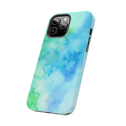 Blue Green Watercolor Tough Phone Case, Tie Dye Colorful Print Cute Cell Iphone 15 14 13 Pro Max 12 11 XS XR X 7 SE 8 Galaxy S24 S23 S22