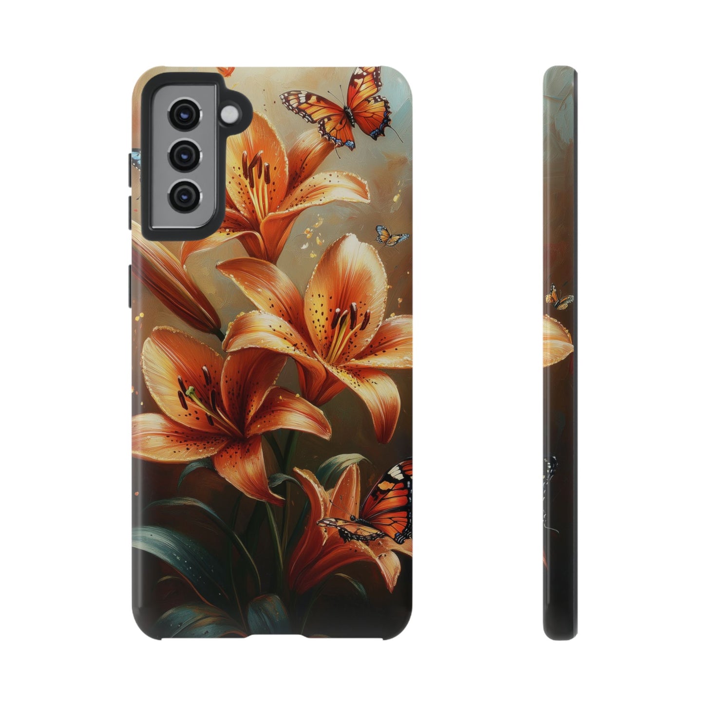 Cute Tiger Lily Tough Phone Case, Flowers Floral Butterfly iPhone 16 15 14 13 Pro Max 12 11 8 Plus X XR XS Galaxy S24 S23 S22 S21 Pixel