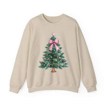 Christmas Tree Pink Bow Sweatshirt,  Coquette Cute Xmas Holiday Print Women Men Vintage Party Winter Holiday Outfit Plus Size Sweater