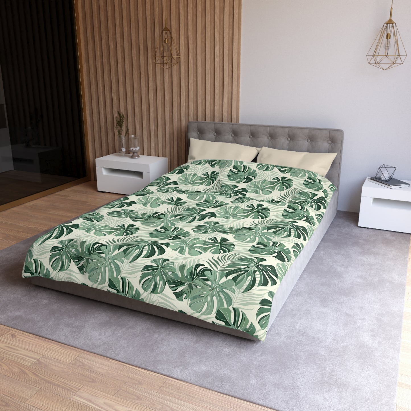 Monstera Leaf Duvet Cover, Green Tropical Bedding Queen King Full Twin XL Microfiber Unique Designer Bed Quilt Bedroom Decor