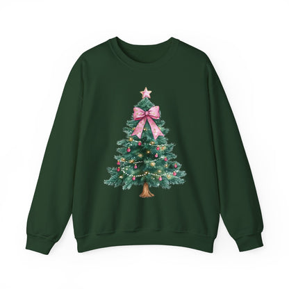 Christmas Tree Pink Bow Sweatshirt,  Coquette Cute Xmas Holiday Print Women Men Vintage Party Winter Holiday Outfit Plus Size Sweater