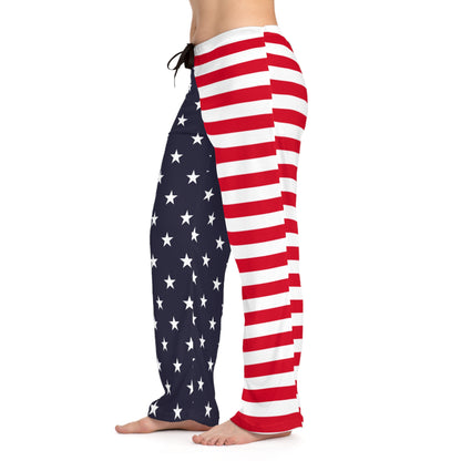 American Flag Women Pajamas Pants, USA Stripes Stars Red White Blue Satin PJ Pockets Trousers Sleep Loungewear Ladies Female Bottoms