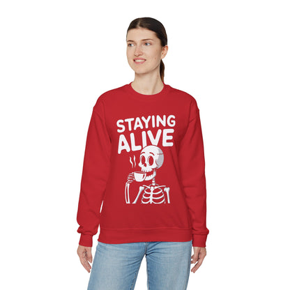 Staying Alive Coffee Sweatshirt, Skeleton Halloween Funny Graphic Crewneck Fleece Cotton Sweater Jumper Pullover Men Women Adult Top