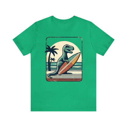 Dinosaur Surfboard Tshirt, Surfing Dino Adult Vintage Distressed Art Designer Graphic Cool 80s Crewneck Men Women Tee Short Sleeve Shirt