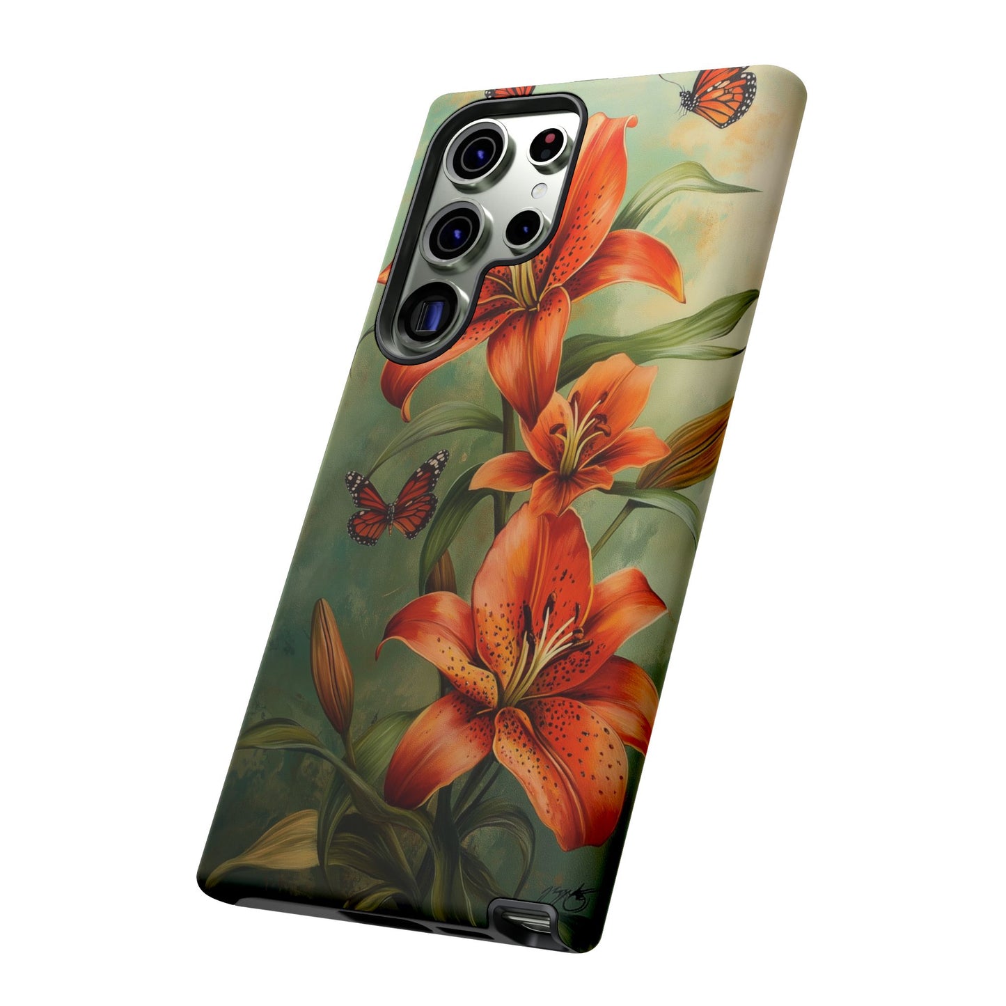 Tiger Lily Tough Phone Case, Flowers Floral Butterfly iPhone 16 15 14 13 Pro Max 12 11 8 Plus X XR XS Galaxy S24 S23 S22 S21 Google Pixel